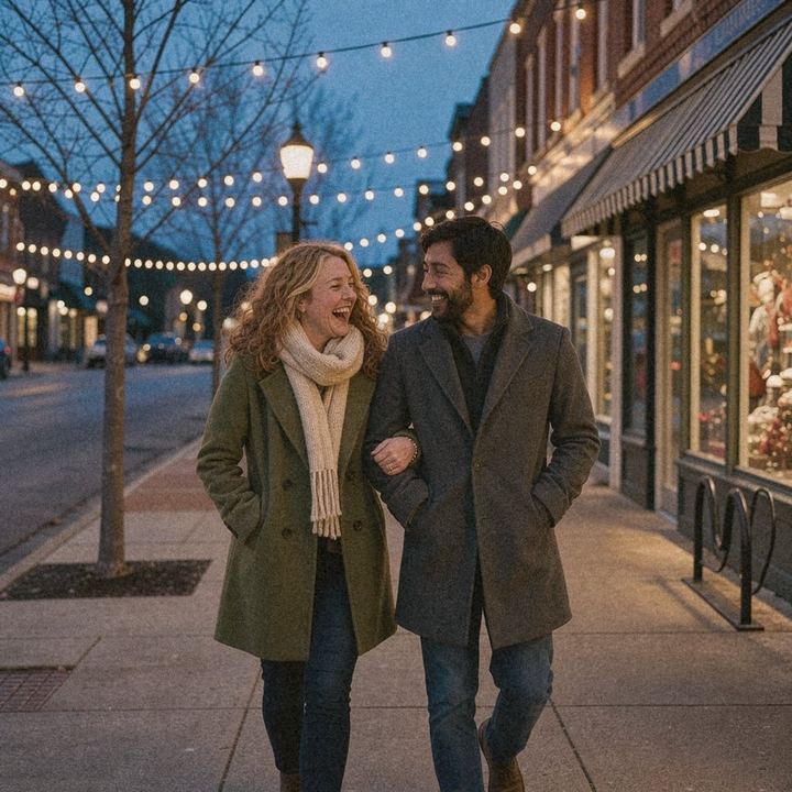 AI-generated example with fictional people: A couple walking arm in arm under holiday string lights on a small-town street at blue hour