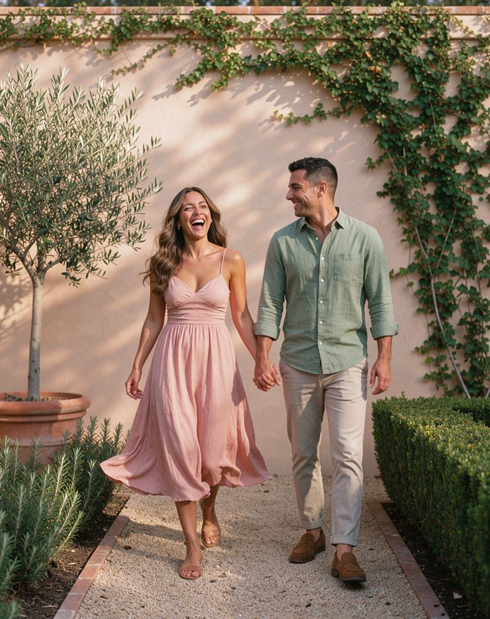 Blush and sage engagement photo outfit idea