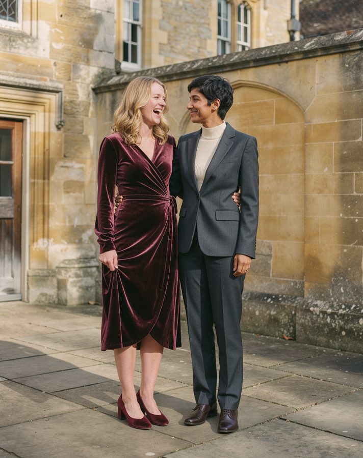 Burgundy velvet engagement photo outfit idea