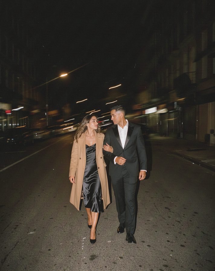 City-night black tie engagement photo outfit idea