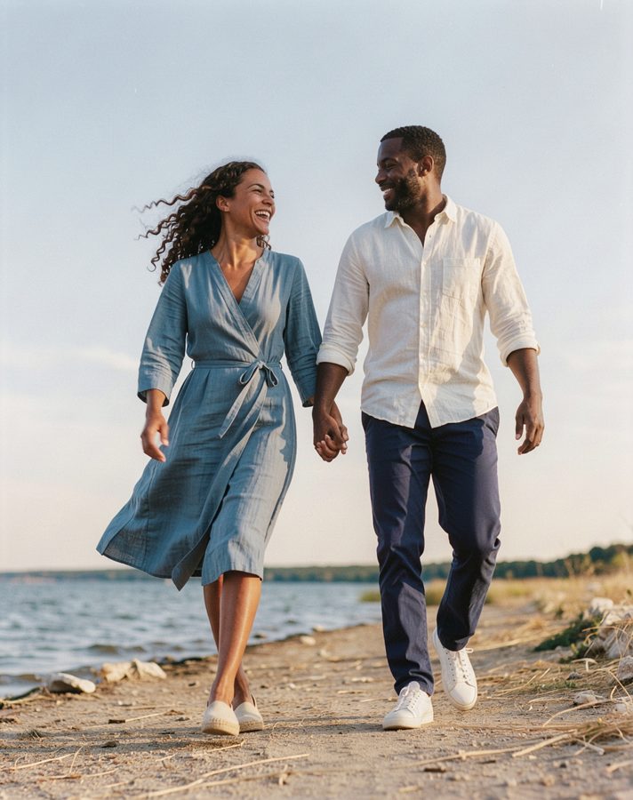 Dusty blue linen engagement photo outfit idea