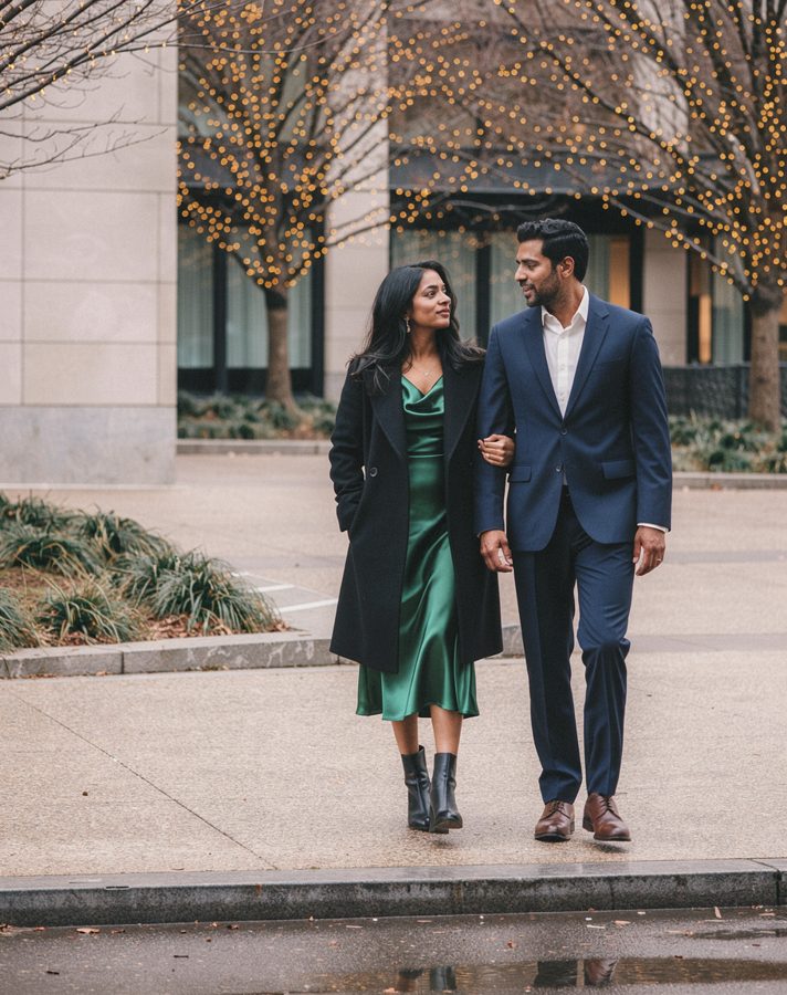 Emerald and navy engagement photo outfit idea