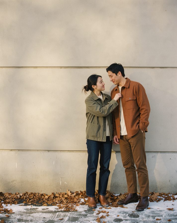 Chore jacket and knit engagement photo outfit idea