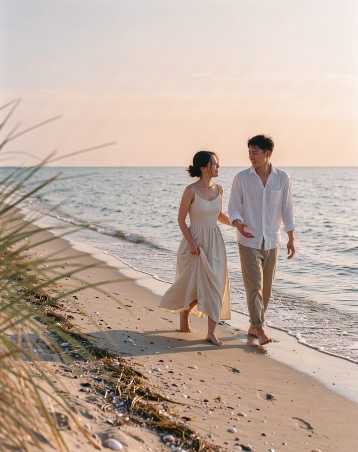 Flowing neutral maxi engagement photo outfit idea