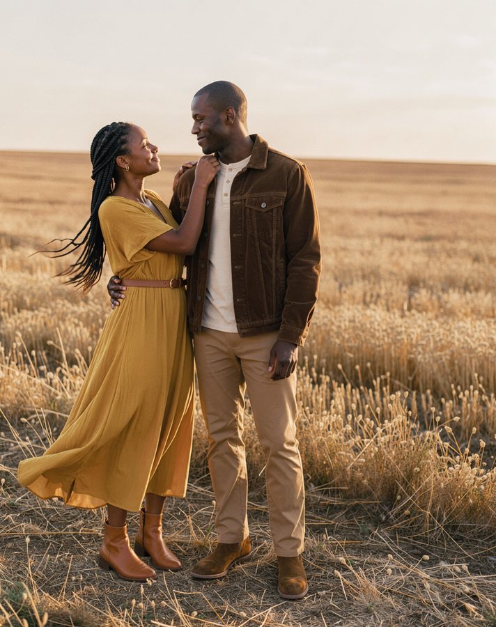 Mustard and brown engagement photo outfit idea