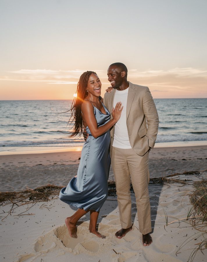 Sea and sand engagement photo outfit idea