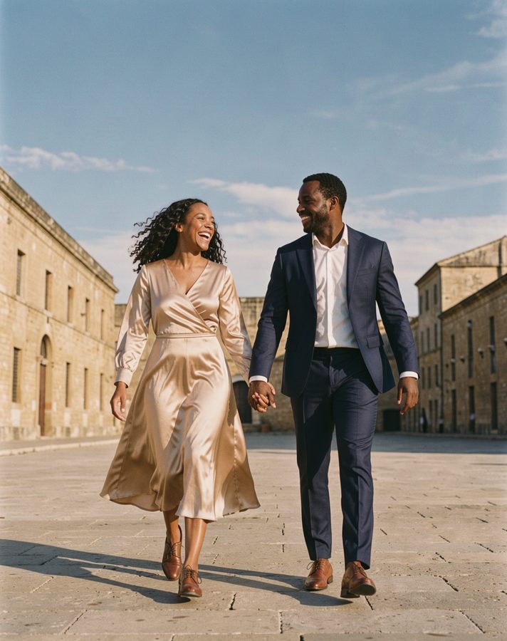 Suit, no tie engagement photo outfit idea