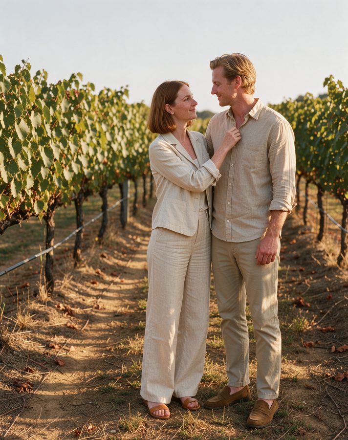 Textured white linen engagement photo outfit idea