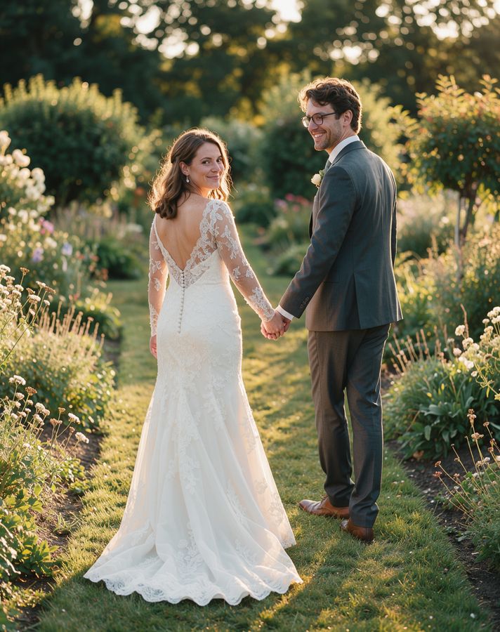 Over-the-shoulder glance couple pose example