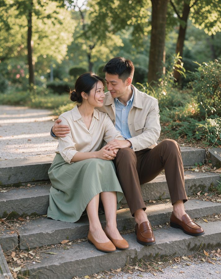 Sitting together couple pose example